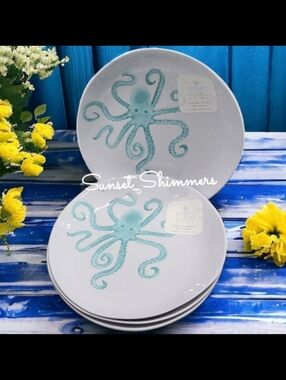 4 Sigrid Olsen Blue Octopus Sealife Indoor Outdoor Melamine Dinner Plate Set New